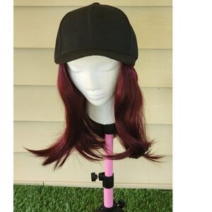 Elegant Black Cap with Rich Burgundy Hair Extension